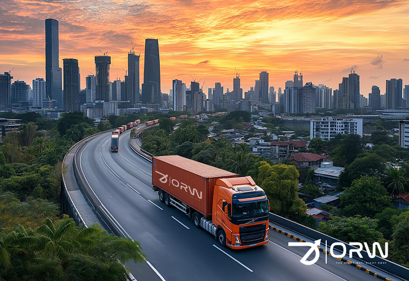 A truck travels along a highway, with a city skyline visible in the background under a clear blue sky.