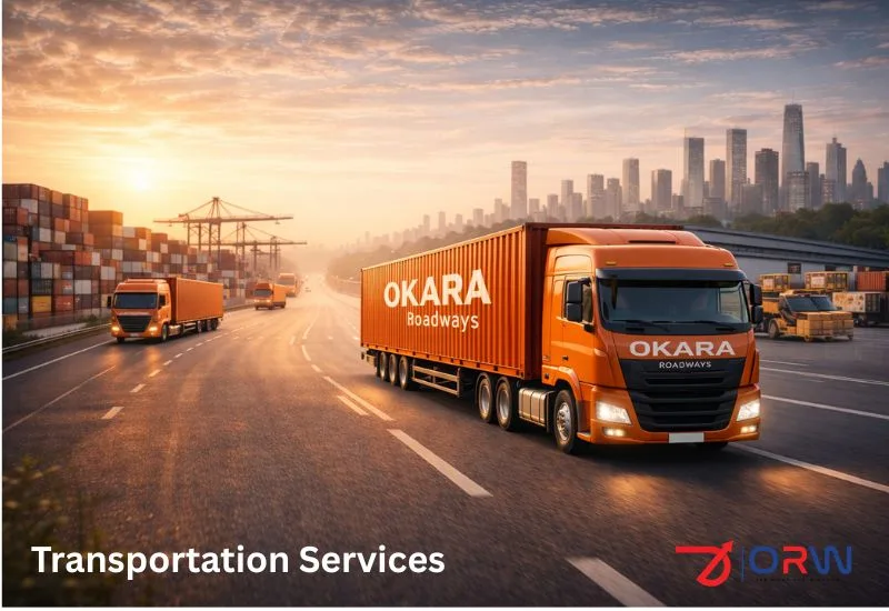 Transportation Services truck by Okara Roadways delivering cargo on highway